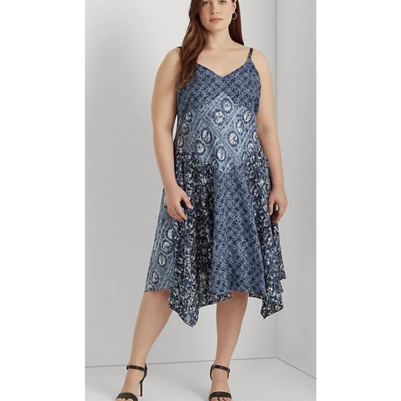 Ralph Lauren Women’s Blue Linen Patchwork Sleeveless Midi Dress Size 18 NWT $265 - Picture 3 of 7